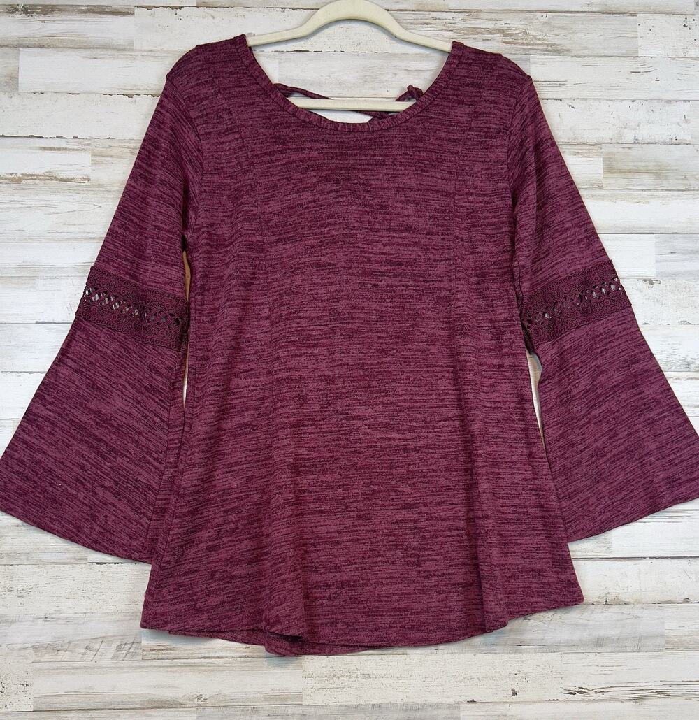 NWT S-M Win Win Pink Marled Sweater Tunic Wth Bell Sleeves Lace Inset Cross Back
